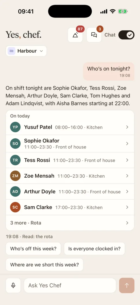 Chat mode on an iPhone: the Chat switch on at the top right, the question “Who’s on tonight?”, a short answer and a list of who is on today, with more questions to tap underneath.