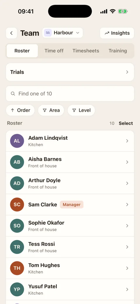 The Team tab on an iPhone, on Roster: a box reading Find one of 10, with Order, Area and Level buttons, above a list of people.