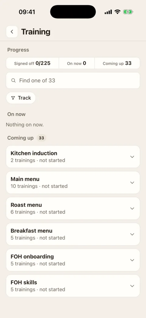 The Training screen on an iPhone: Progress with Signed off 0/225, On now 0 and Coming up 33, a search box, then tracks listed under Coming up, each marked not started.