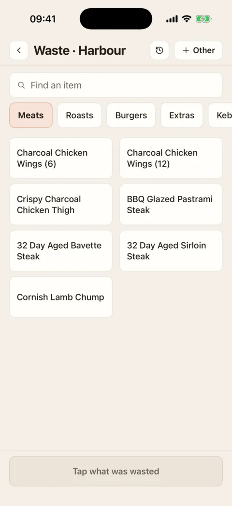 The Waste screen on an iPhone: a search box, a row of menu categories, a grid of dishes to tap, and a greyed button at the foot that says Tap what was wasted.